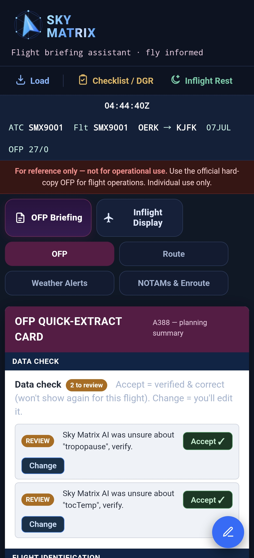 Sky Matrix — OFP briefing quick-extract card